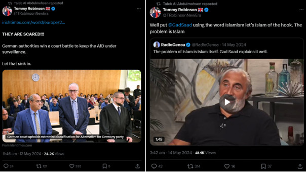 Abbildung 8: Der Verdächtige retweetet Beiträge des rechtsextremen Aktivisten Tommy Robinson.